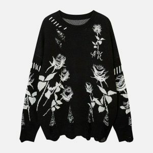raw edge rose sweater [chic] streetwear essential 2689
